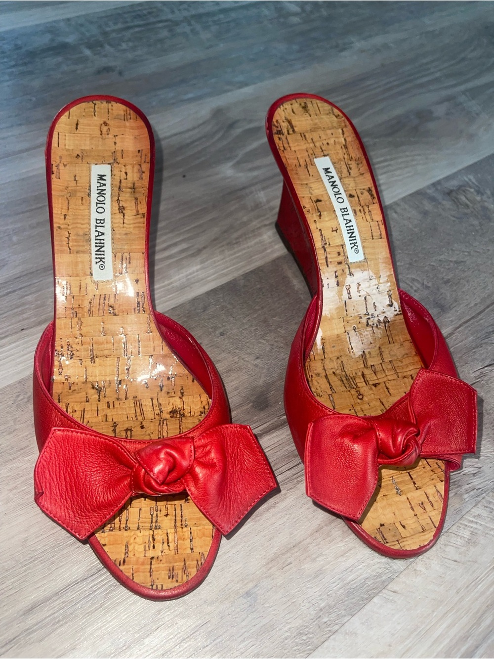 Manolo Blahnik Vintage Red Leather Bow Cork Wedge Sandals Mule Size 9 (39.5)